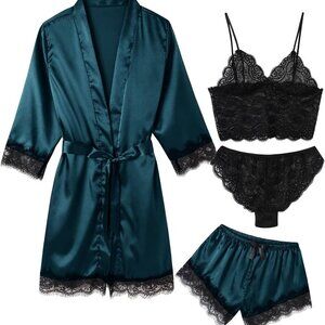 Women's Pajama Satin Sexy Lingerie Robe Set 4Pcs Pjs Silk Sleepwear Lace Cami Sh